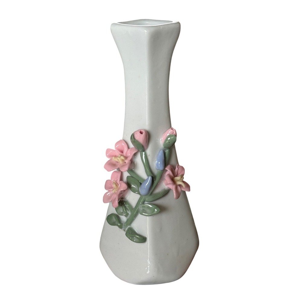 Vintage White Porcelain Bud Vase 3D Pink Floral Applied Design 7.25 Inch